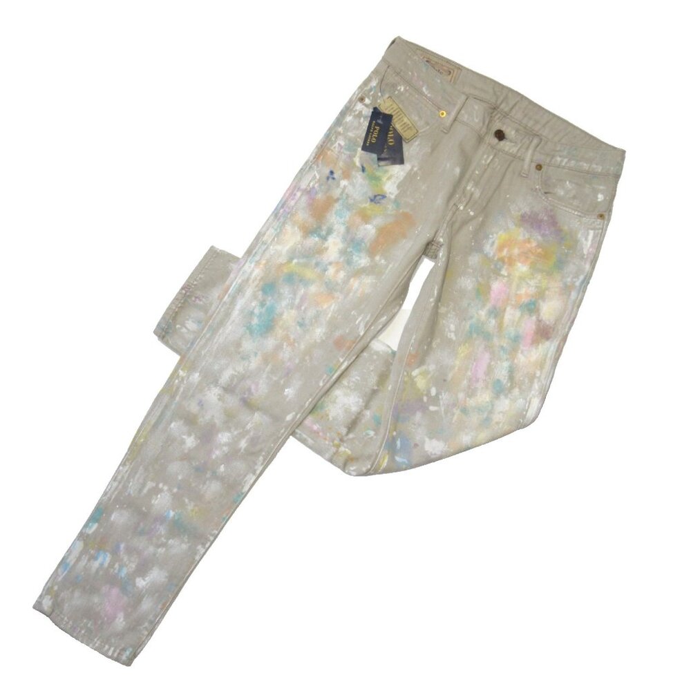 NWT POLO Ralph Lauren Astor Boyfriend in Tan Paint Splatter Jeans 26 $245